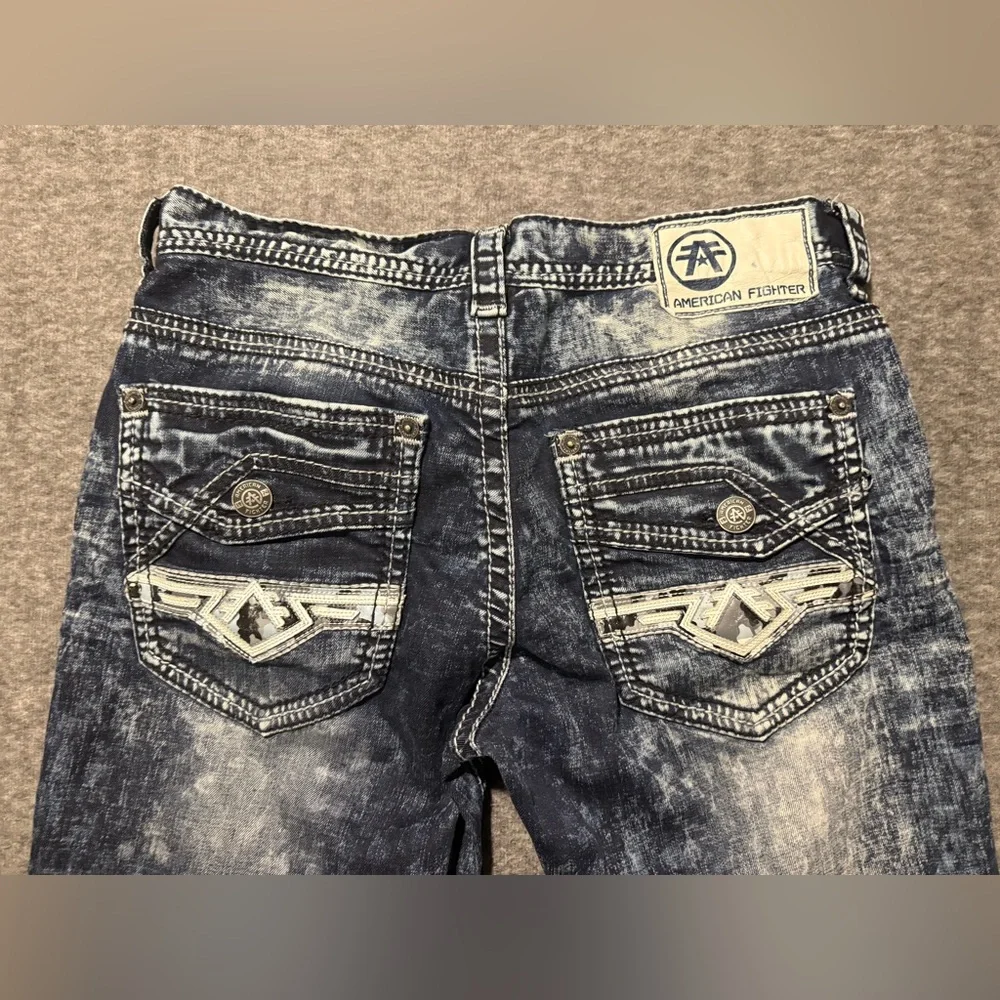 American Fighter Buckle Jeans Men 32 Long (32x34) blue Legend Slim Straight Acid